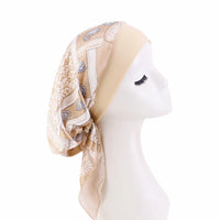 Satin printed headscarf hat for women, elastic wide brimmed nightcap with straps, pirate headband hat