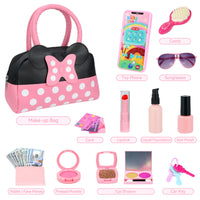 Girls Pretend Play Purse Toy Set | Polka Dot Bow Handbag with Makeup, Phone, Wallet & Accessories | Kids Role Play Gift