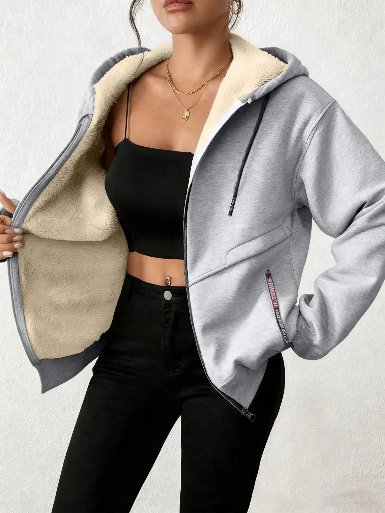 Women's Sherpa Lined Hoodie Jacket, Warm Windproof Zip-Up for Autumn Winter Outdoor