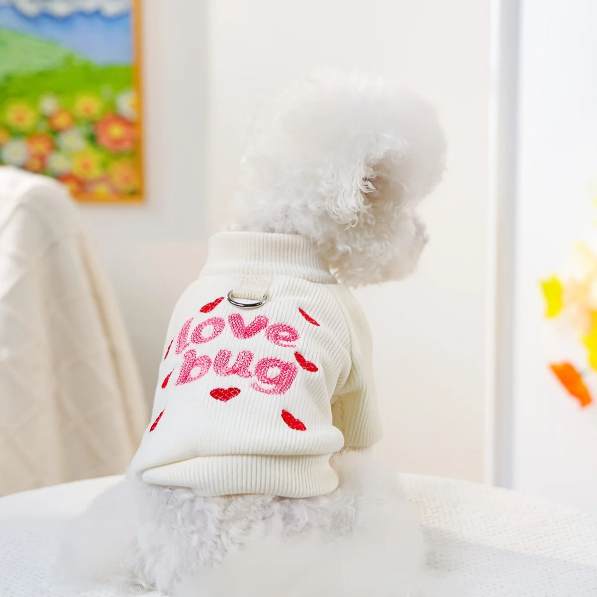 Embroidered Heart Pet Sweatshirt with Leash Ring for Bichon Pomeranian Teddy Dogs Spring Autumn Winter Warm Dog Apparel