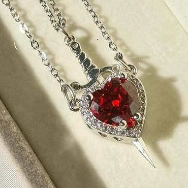Heart and Sword Couples Necklace Heart Zirconia Chain Trendy Matching Sword Through Heart Necklace Set