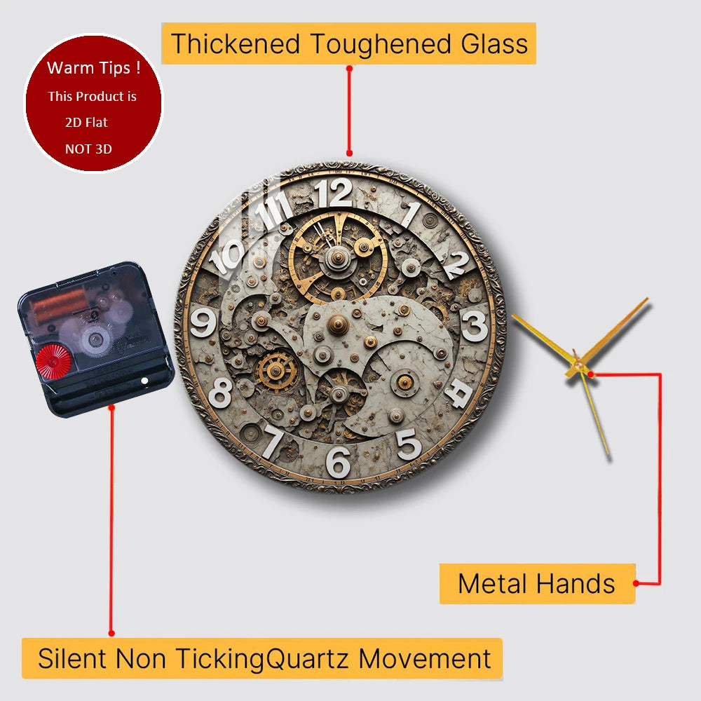 Tempered Glass Wall Clock Antique Gear Clock Face Suitable For Wall Decor or Tabletop Display Anywhere