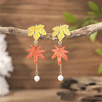 Fashion Rhinestone Red Maple Leaf Earrings For Women Autumn and Winter Crystal Zircon Tassel Earrings Wedding Party Jewelry Gift