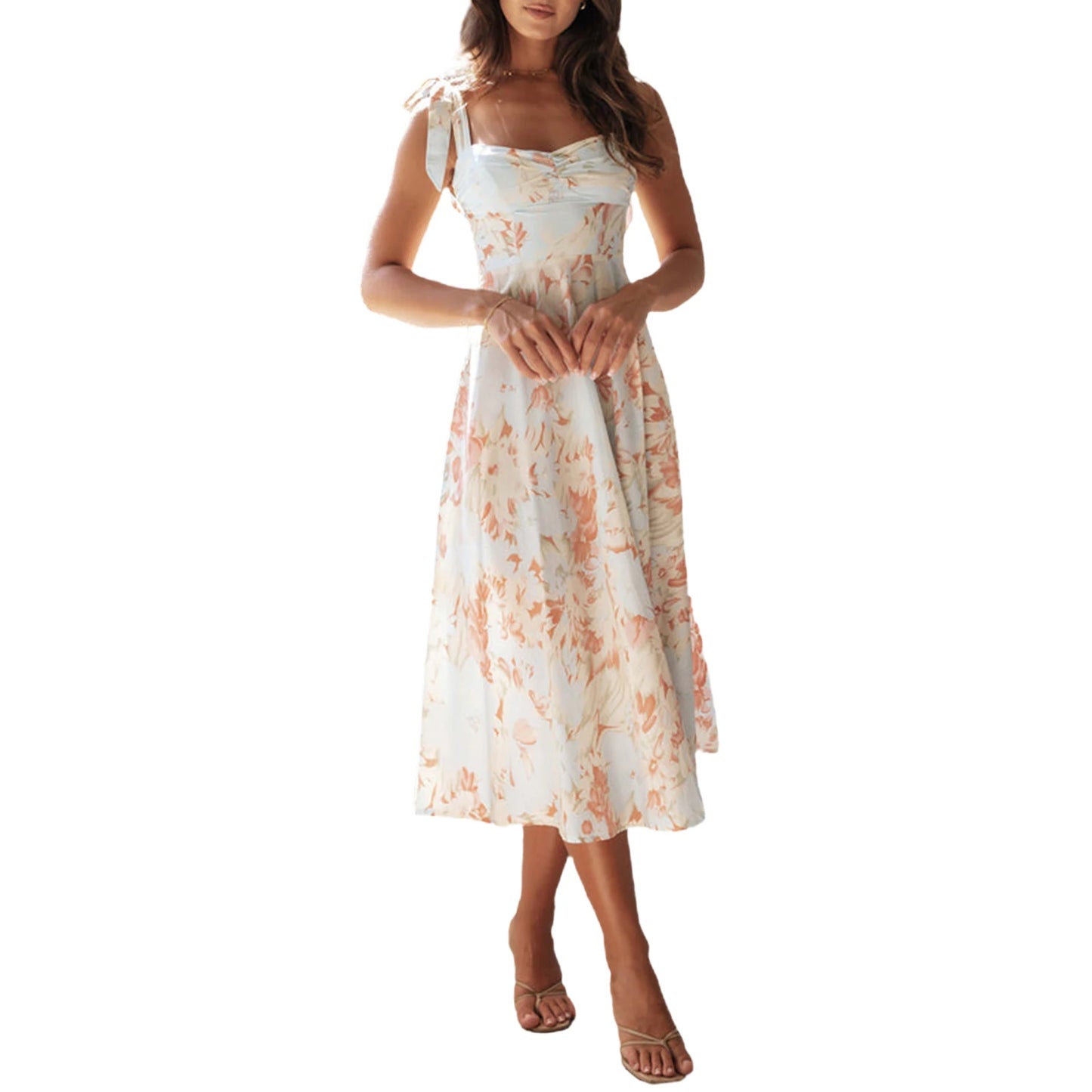 Women Sling Dress Sleeveless Low-cut Tie-up Flower Print Summer Long Dress for Cocktail Party
