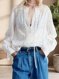 Women s Casual V-Neck Long Sleeve Button Down Shirt with Lace Detailing and Balloon Sleeves - Stylish Fall Blouse