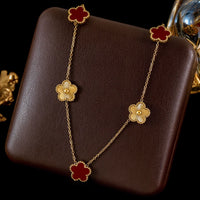 Stainless Steel White Plum Blossom Plant Leaf Flower Set Reversible Necklace Earrings Bracelet Women Clover Jewelry