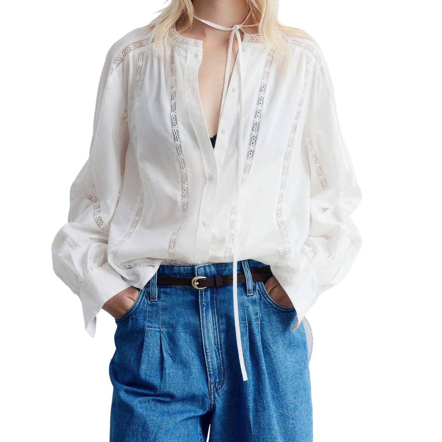 Women s Casual V-Neck Long Sleeve Button Down Shirt with Lace Detailing and Balloon Sleeves - Stylish Fall Blouse