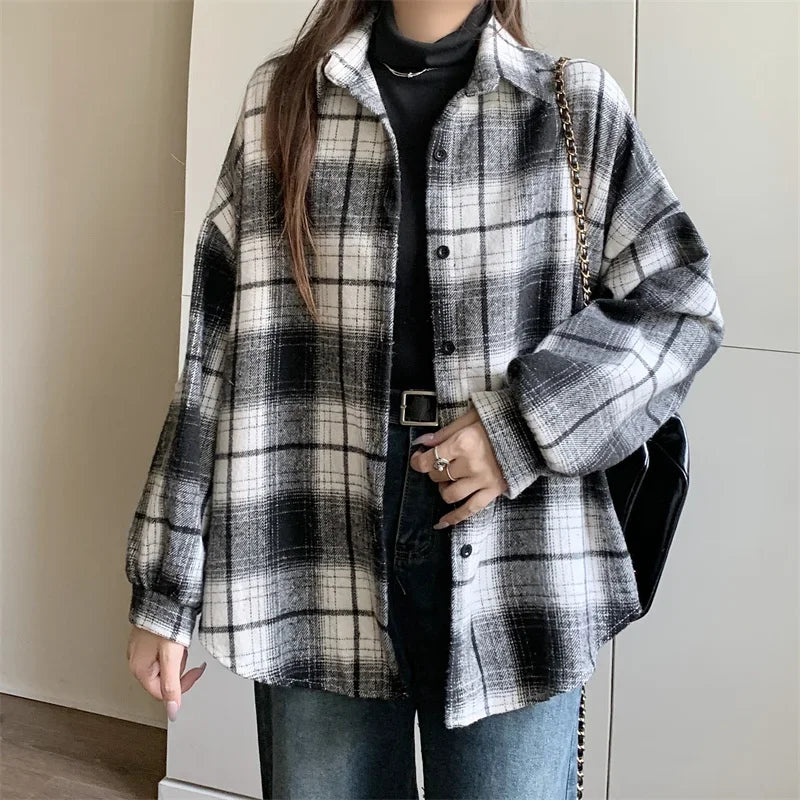Versatile Button Trendy Outerwear 2026 Thickened Woolen Plaid Shirt Women Loose Mid-Length Autumn Winter New Blouse