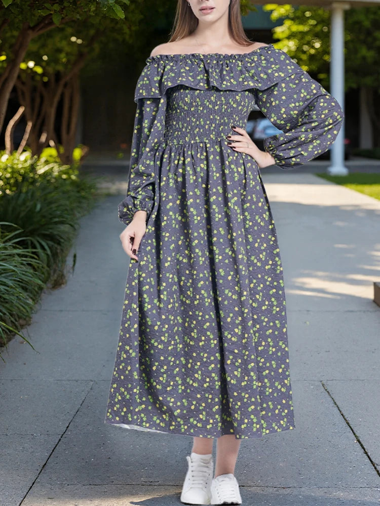 Boho Flower Print Dress Women Off Shoulder Long Sleeve Spring Summer A Line Dress Ladies Sweet Long Sundress Party Dresses