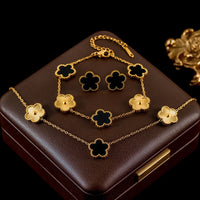 Stainless Steel White Plum Blossom Plant Leaf Flower Set Reversible Necklace Earrings Bracelet Women Clover Jewelry