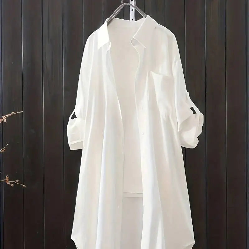 Casual Loose Oversized Shirt Linen Solid Long Shirts Korean Fashion Midi Shirts & Blouses Women Clothing Plus Size Tops