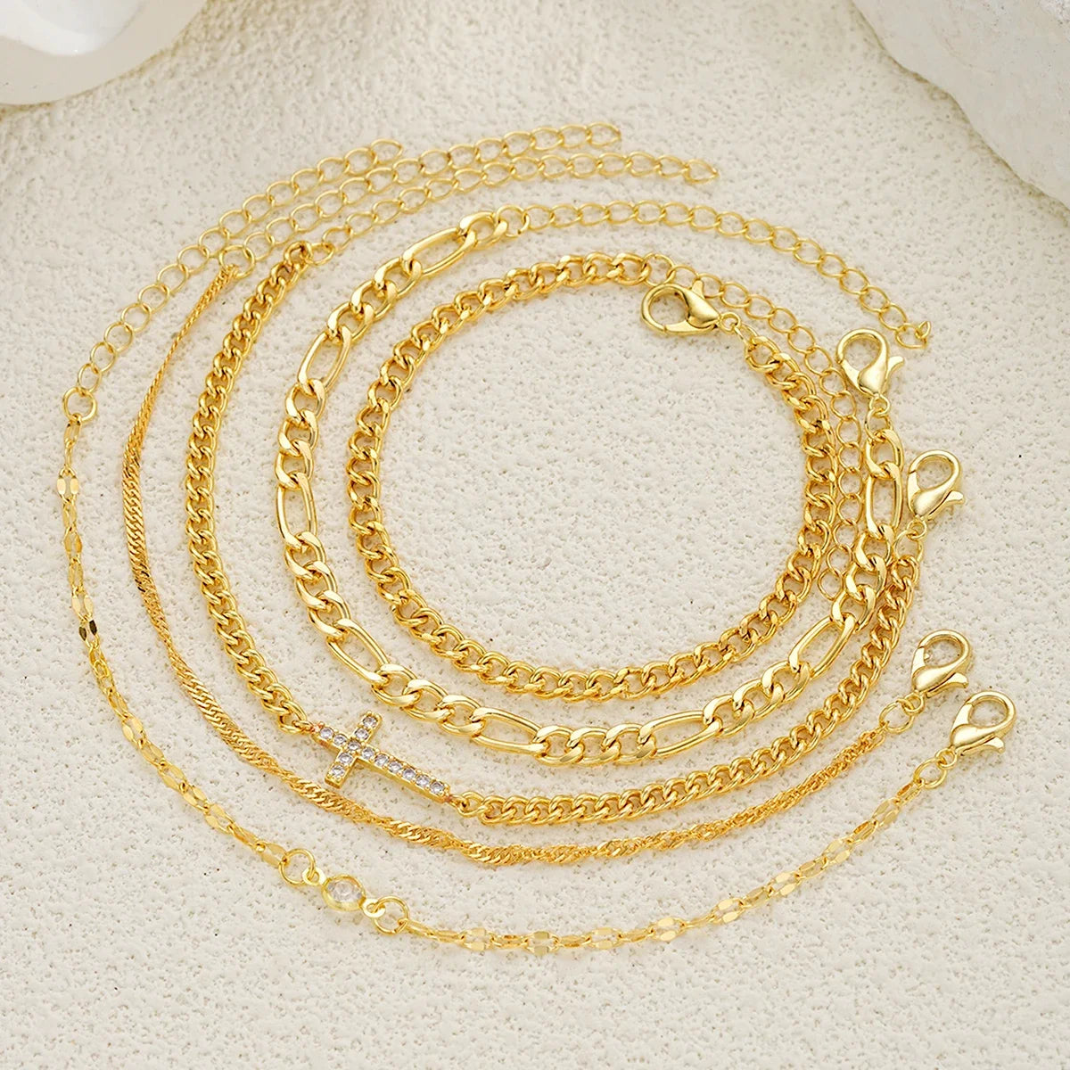 5pcs Fashion Zircon Cross Charm Bracelet Set Elegant High Quality Gold Color Multilayer Bracelets For Women Daily Wear Jewelry