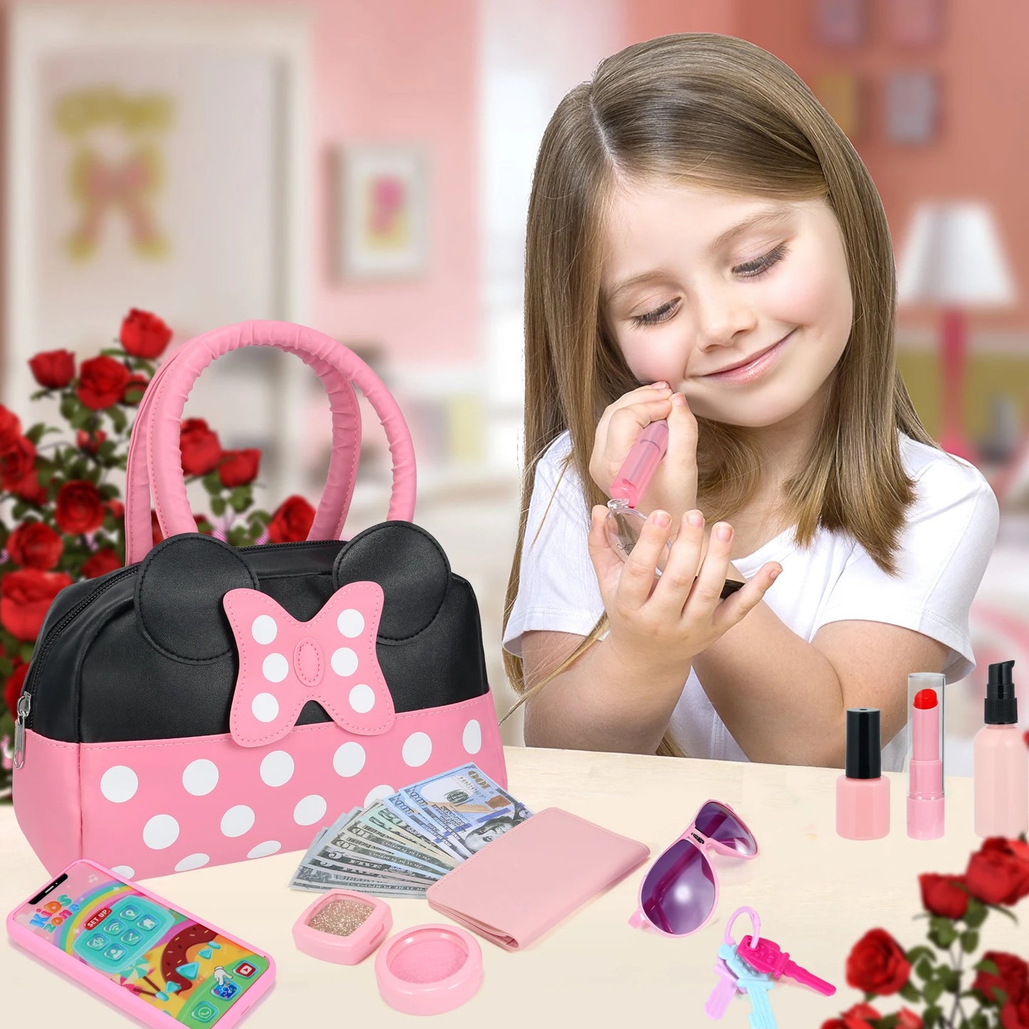 Girls Pretend Play Purse Toy Set | Polka Dot Bow Handbag with Makeup, Phone, Wallet & Accessories | Kids Role Play Gift