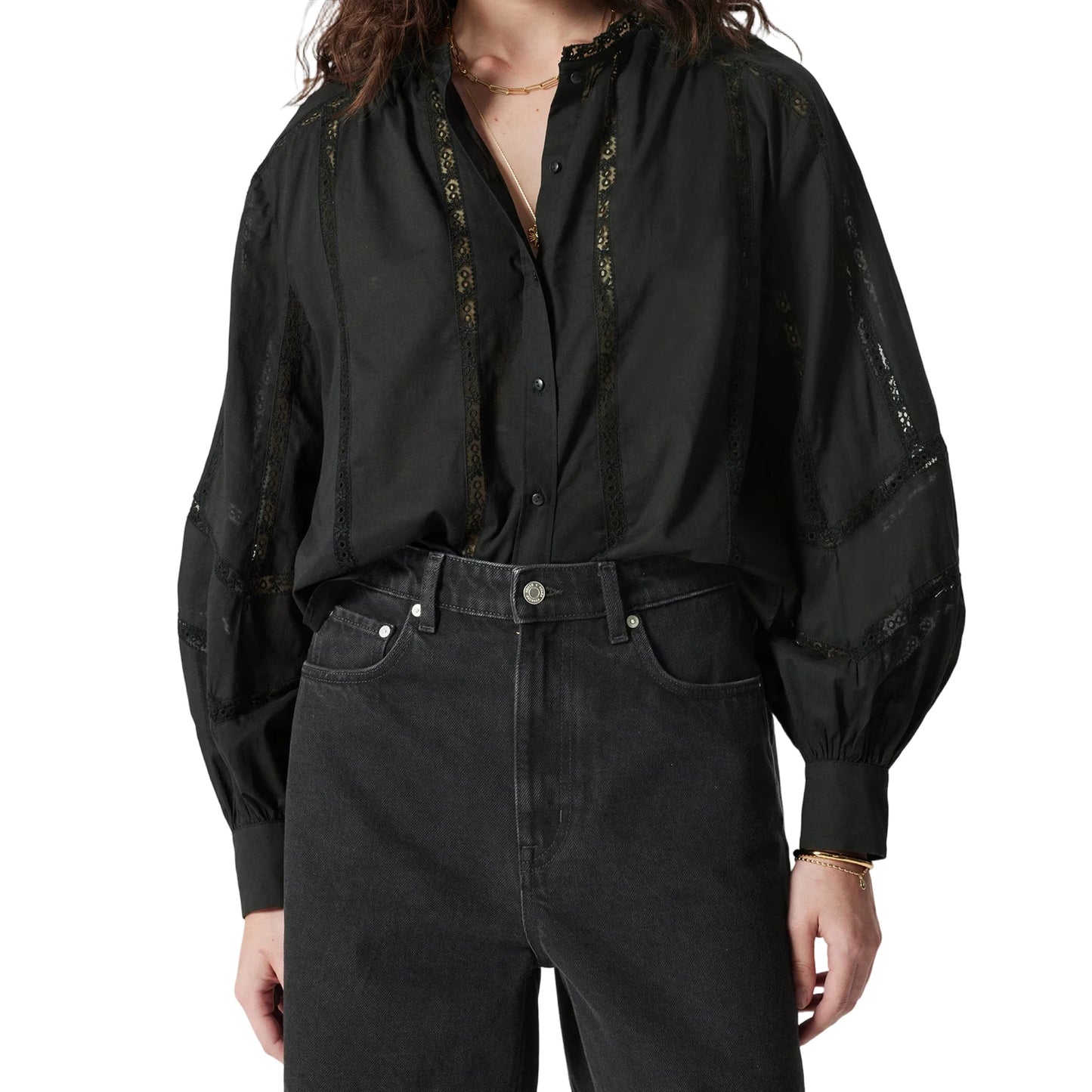 Women s Casual V-Neck Long Sleeve Button Down Shirt with Lace Detailing and Balloon Sleeves - Stylish Fall Blouse