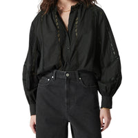 Women s Casual V-Neck Long Sleeve Button Down Shirt with Lace Detailing and Balloon Sleeves - Stylish Fall Blouse