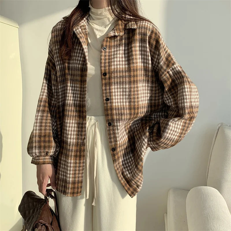 Versatile Button Trendy Outerwear 2026 Thickened Woolen Plaid Shirt Women Loose Mid-Length Autumn Winter New Blouse