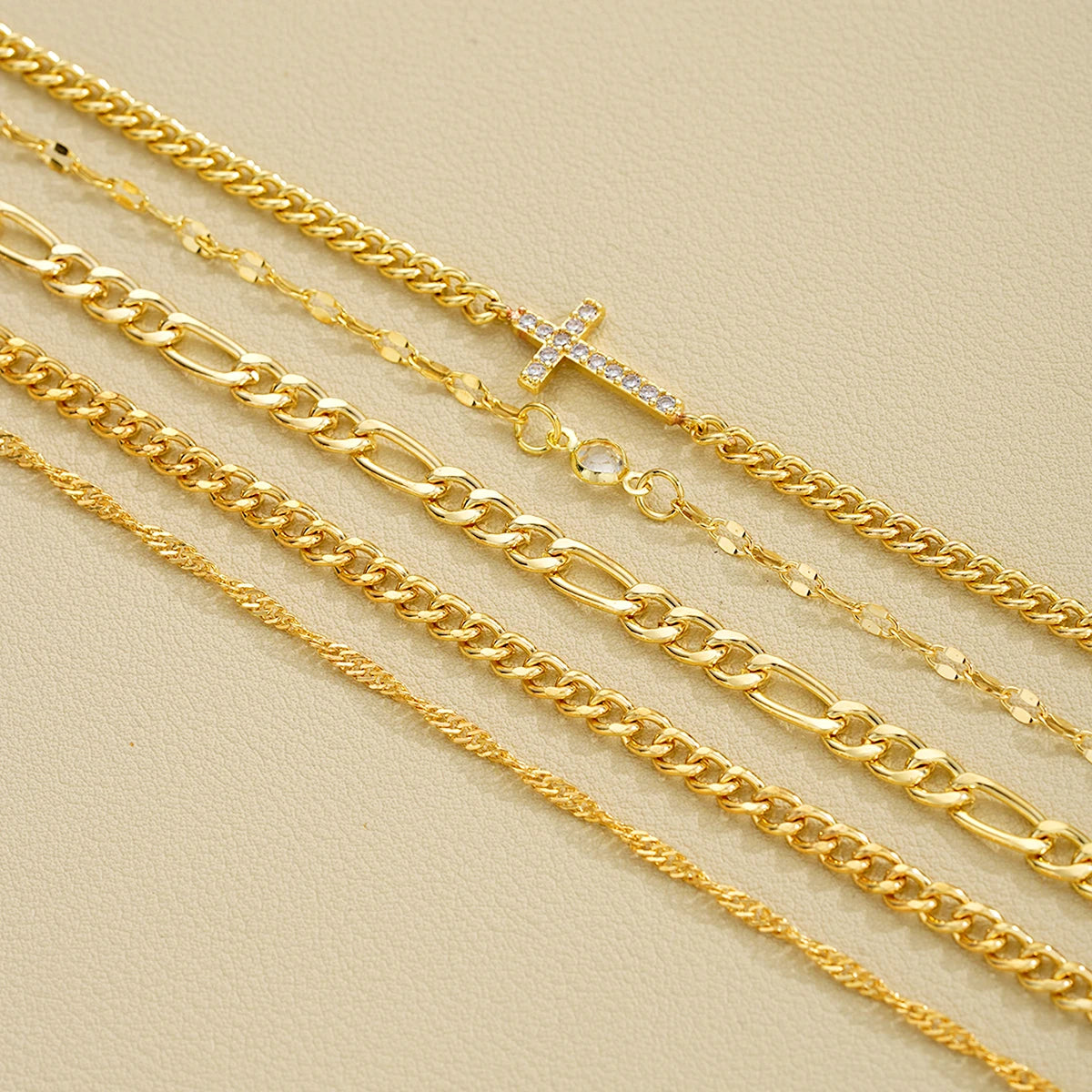 5pcs Fashion Zircon Cross Charm Bracelet Set Elegant High Quality Gold Color Multilayer Bracelets For Women Daily Wear Jewelry