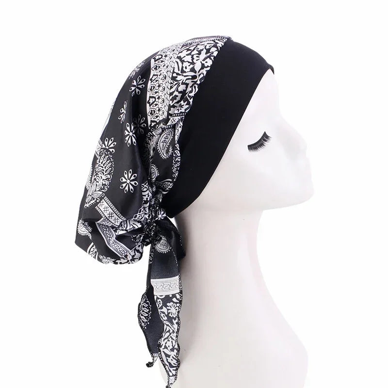 Satin printed headscarf hat for women, elastic wide brimmed nightcap with straps, pirate headband hat