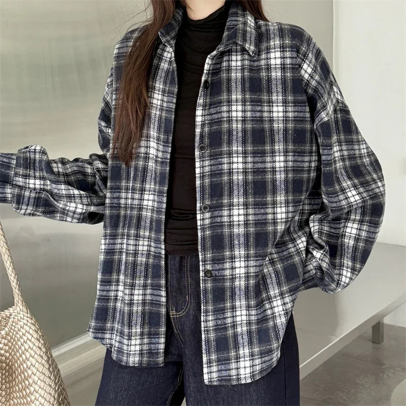 Versatile Button Trendy Outerwear 2026 Thickened Woolen Plaid Shirt Women Loose Mid-Length Autumn Winter New Blouse