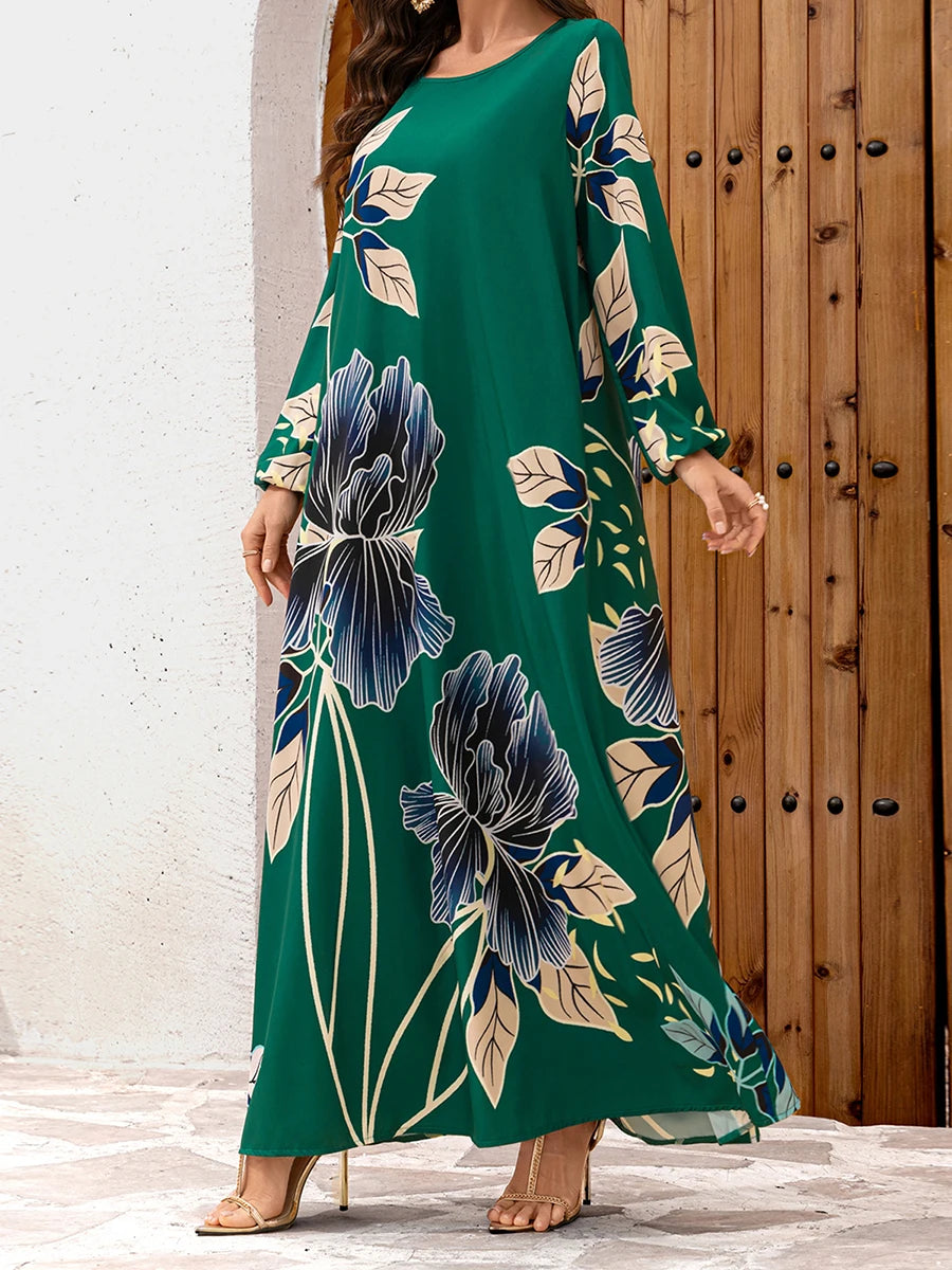 Elegant Floral Print Maxi Dress with Flowy Silhouette and Long Sleeves Inspired by Middle Eastern Fashion Trends