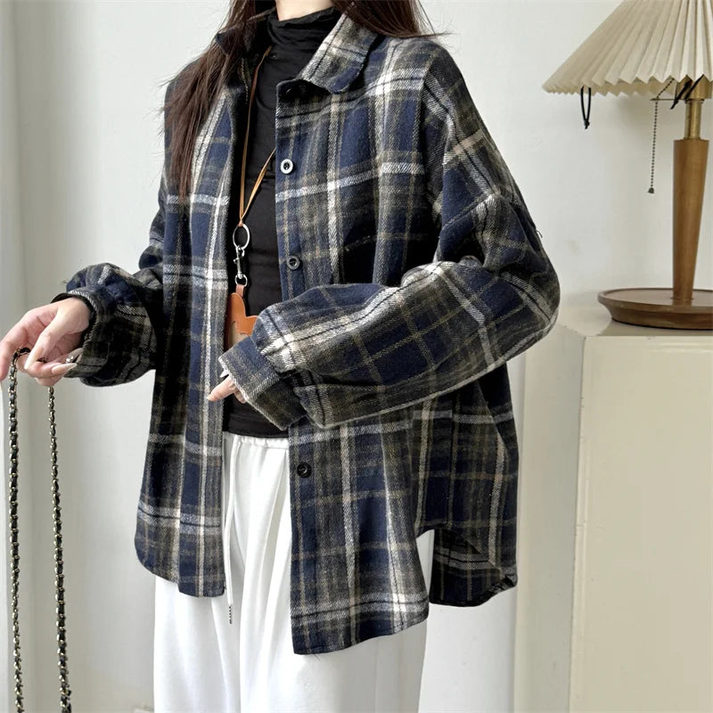 Versatile Button Trendy Outerwear 2026 Thickened Woolen Plaid Shirt Women Loose Mid-Length Autumn Winter New Blouse