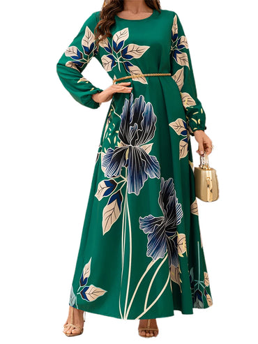Elegant Floral Print Maxi Dress with Flowy Silhouette and Long Sleeves Inspired by Middle Eastern Fashion Trends