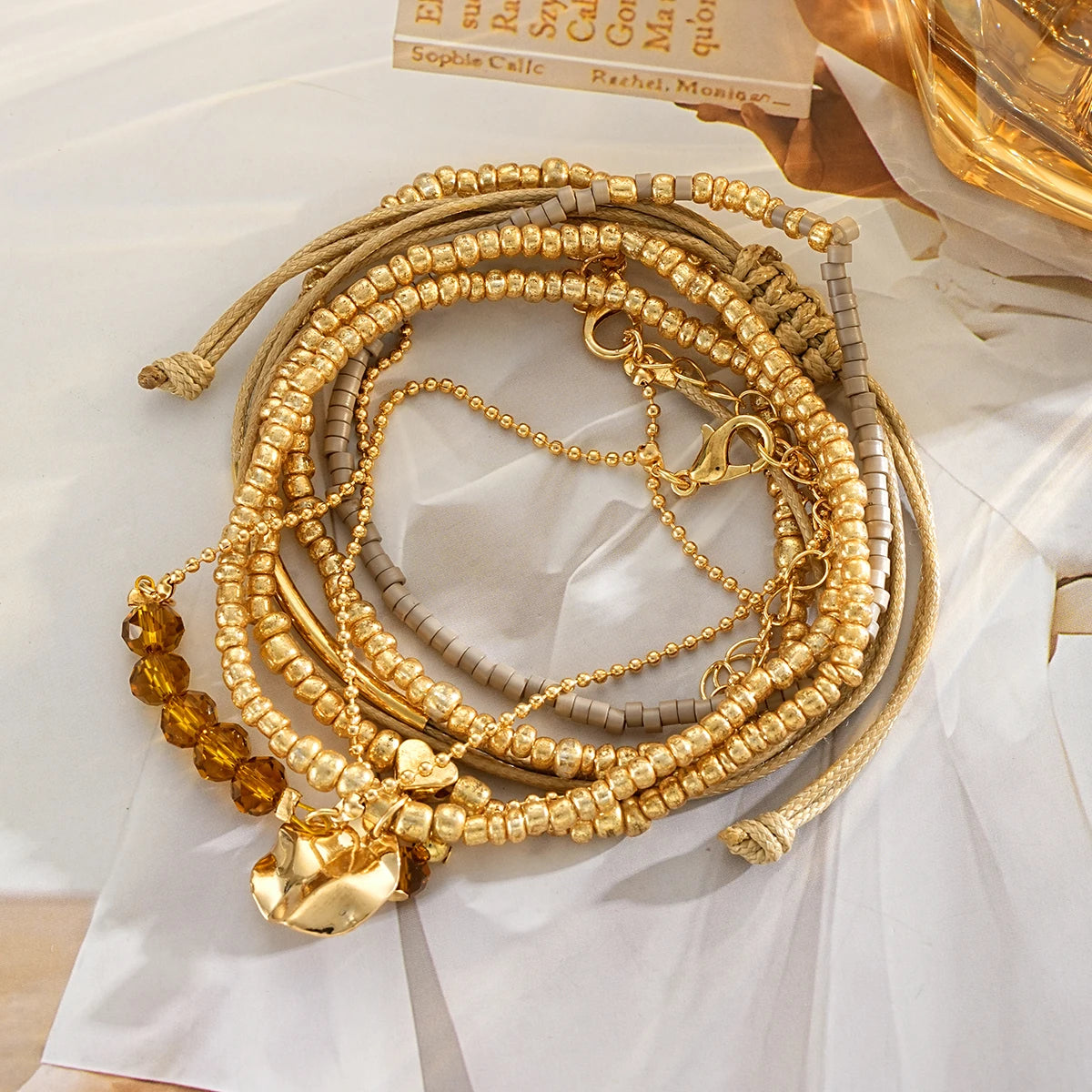 7Pcs/Set Bohemian Heart Beads Bracelets For Women Elegant Crystal Round Pendant Elastic Bracelets Set Fashion Party Jewelry Gift