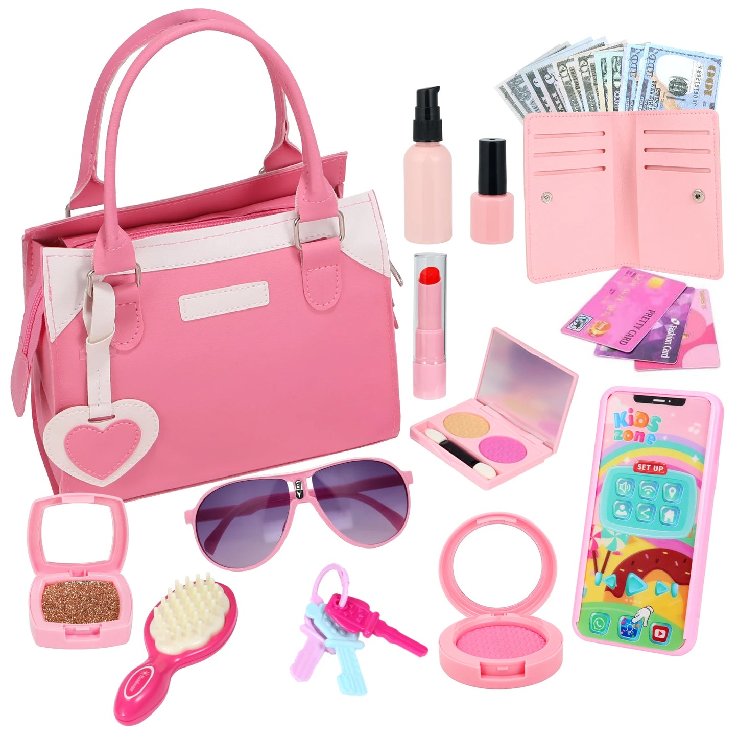 Girls Pretend Play Purse Toy Set | Kids Makeup, Wallet, Phone, Sunglasses & Accessories | Princess Role Play Handbag Gift