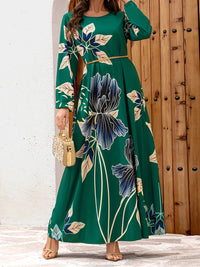 Elegant Floral Print Maxi Dress with Flowy Silhouette and Long Sleeves Inspired by Middle Eastern Fashion Trends