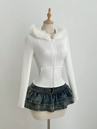 White Ribbed Knit Hoodie with Faux Fur Collar, Zip-Up, Fitted Long Sleeve for Casual Autumn Winter Wear