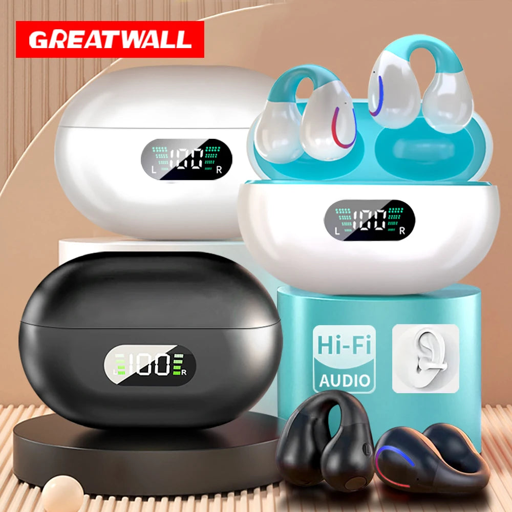GREATWALL Wireless Bluetooth Earphones Earhook HIFI Headphones Stereo Sound Sports Headset HD Call Earbuds LED Digital Display