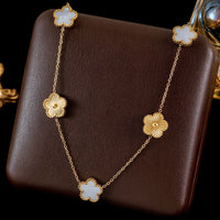 Stainless Steel White Plum Blossom Plant Leaf Flower Set Reversible Necklace Earrings Bracelet Women Clover Jewelry