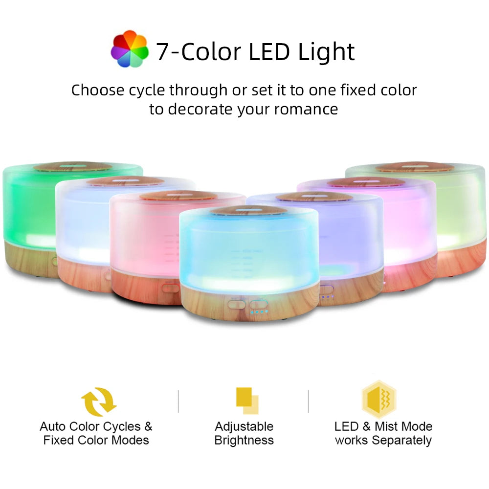 500ml Aromatherapy Essential Oil Diffuser Set with 6 Therapeutic Oils, 7 Color Changing LED Lights, Ultrasonic Cool Mist, Auto S