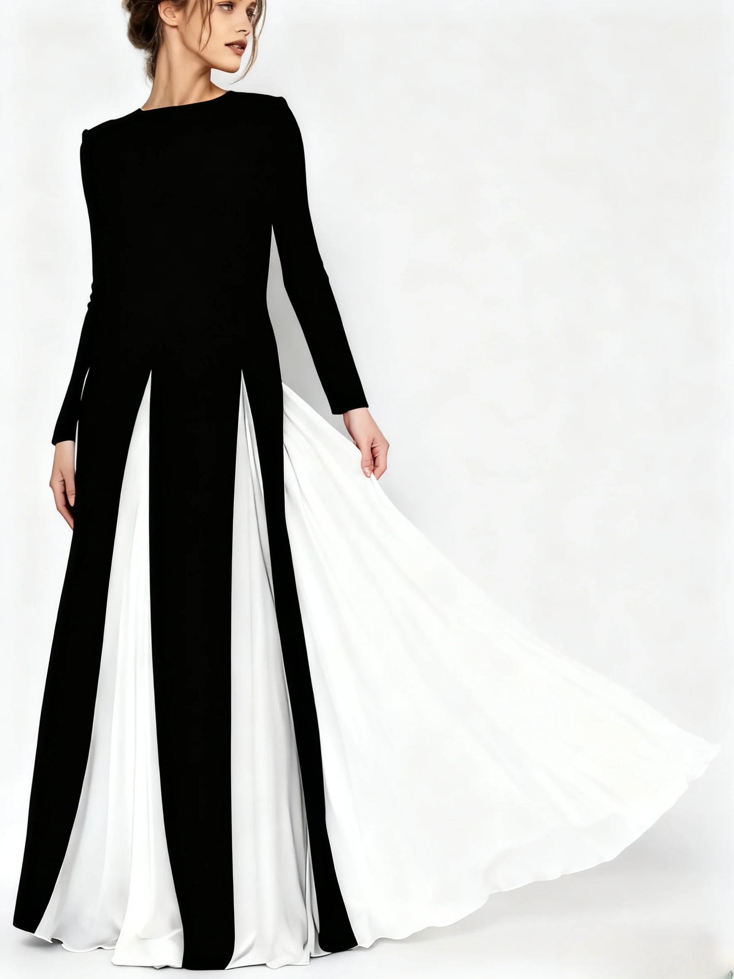 Womens Sexy Long Sleeve O Neck Colorblock A-Line Party Clubwear Long Dress