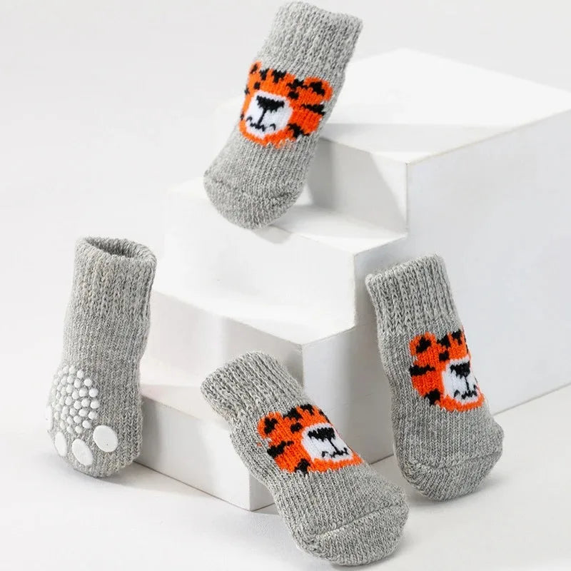 4Pcs Winter Pet Dog Socks Anti Slip Warm Knit Tiger Design Paw Protector Booties for Cats Dogs Indoor Outdoor Xmas Gift Dog Sock