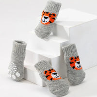 4Pcs Winter Pet Dog Socks Anti Slip Warm Knit Tiger Design Paw Protector Booties for Cats Dogs Indoor Outdoor Xmas Gift Dog Sock