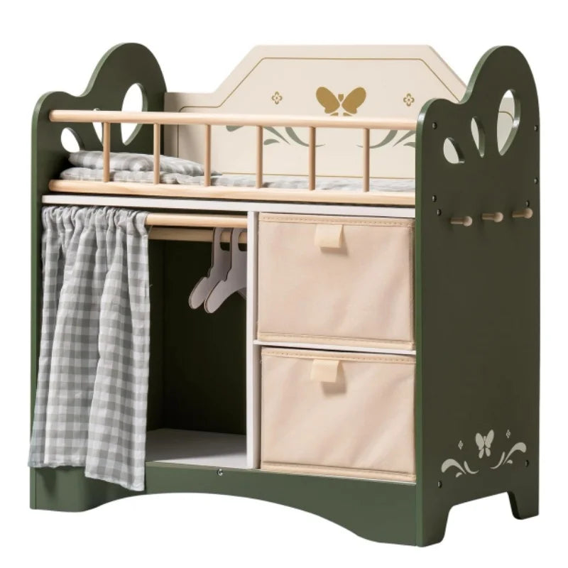 Robotime robud Baby Doll Bed with Storage and Bedding ice Gift of Doll Beds for 18 Inch Dolls to Children for Girls Green