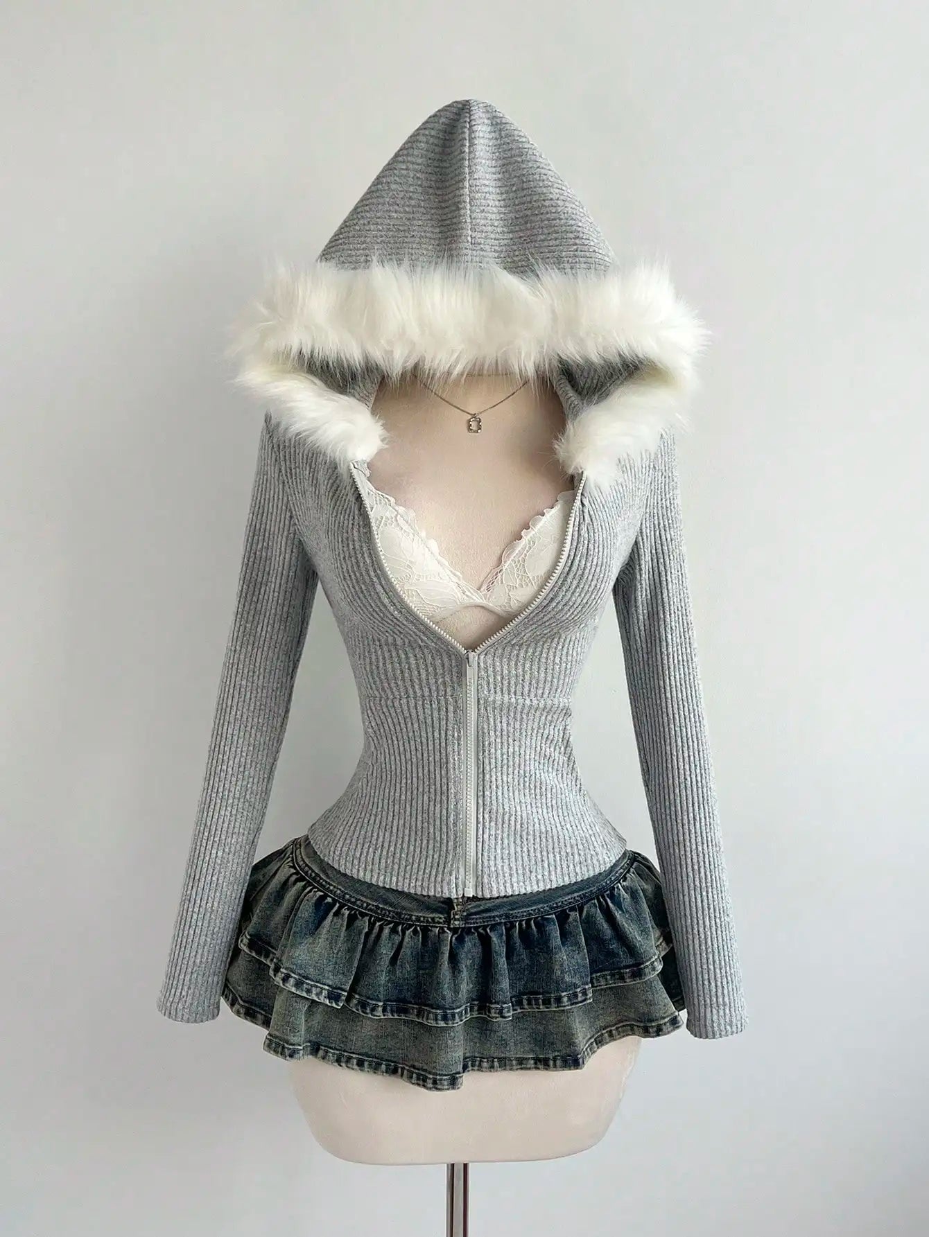 White Ribbed Knit Hoodie with Faux Fur Collar, Zip-Up, Fitted Long Sleeve for Casual Autumn Winter Wear