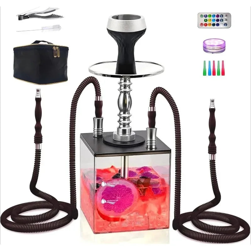 HOT 2 Hose Hookah – Square Hookah Chicha Set with Everything, Travel Hookah Kit with LED Lights and Portable Bag（Black）