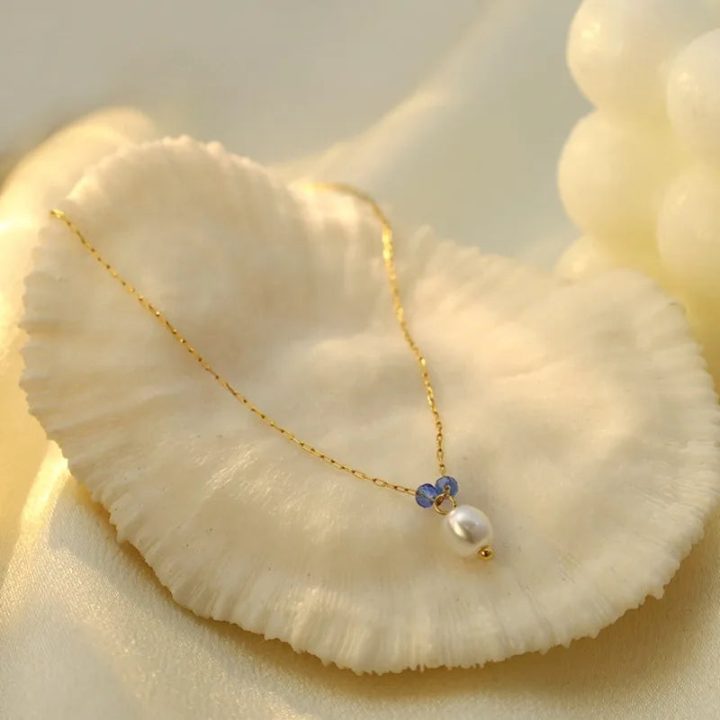 French Baroque Color Fading Blue Stone Pearl Necklace Autumn and Winter 316 Material Necklace Water Drop Female Clavicle Chain
