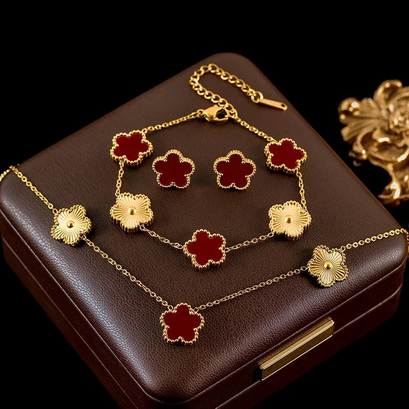 Stainless Steel White Plum Blossom Plant Leaf Flower Set Reversible Necklace Earrings Bracelet Women Clover Jewelry