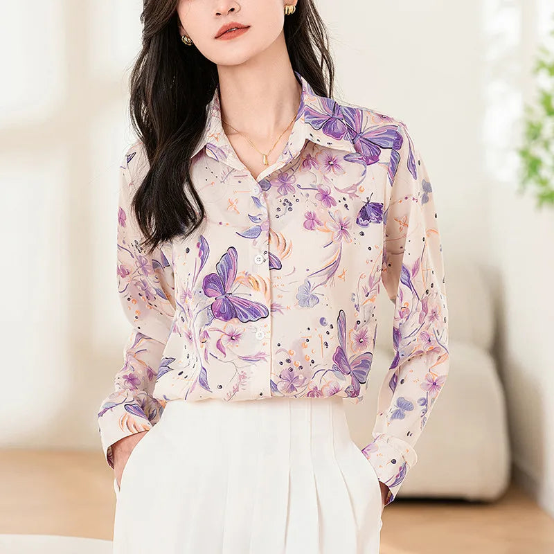 Fashion Korean Casual Women's Long Sleeve Butterfly and Flower Printed Shirt Office Lady Tops