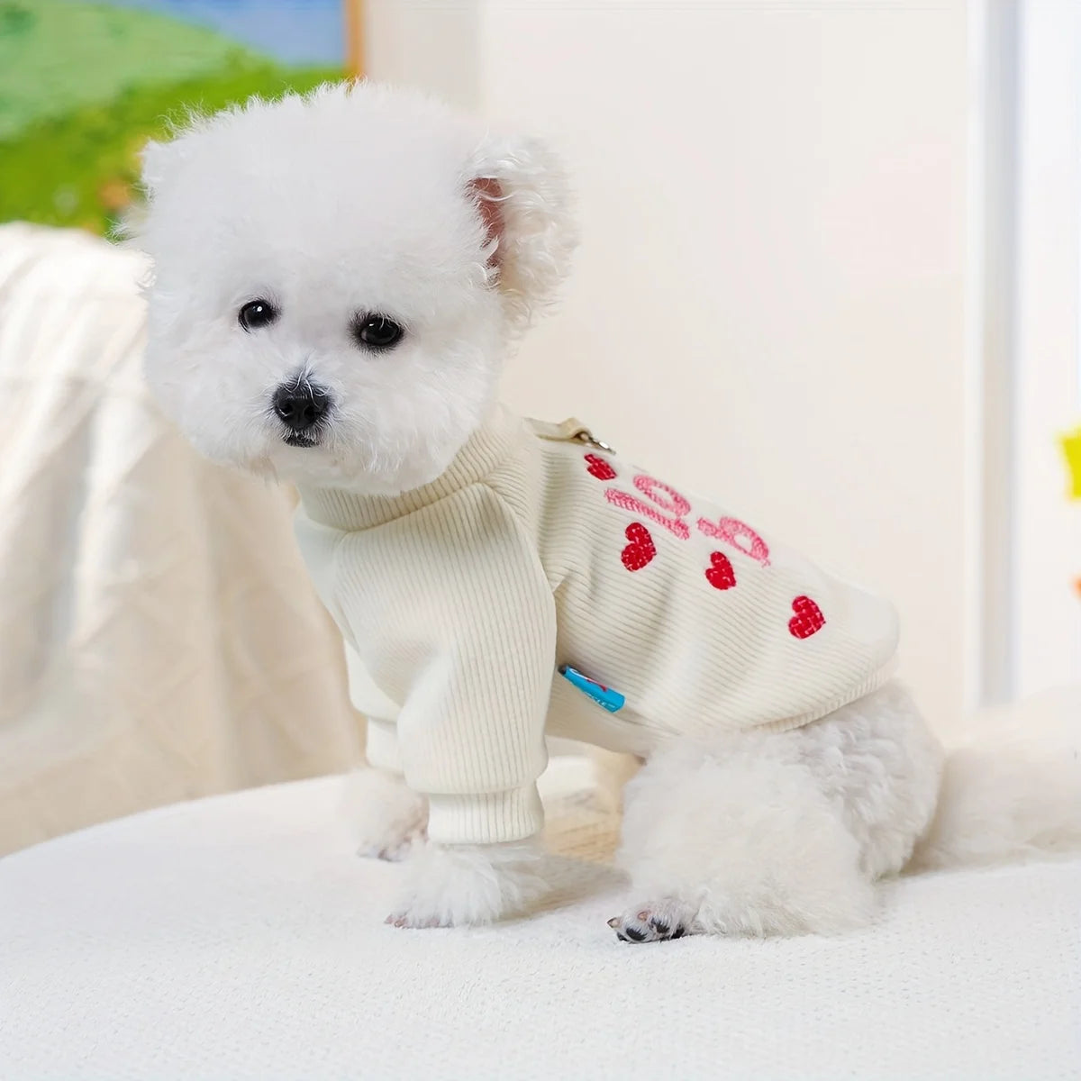 Embroidered Heart Pet Sweatshirt with Leash Ring for Bichon Pomeranian Teddy Dogs Spring Autumn Winter Warm Dog Apparel
