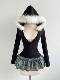 White Ribbed Knit Hoodie with Faux Fur Collar, Zip-Up, Fitted Long Sleeve for Casual Autumn Winter Wear