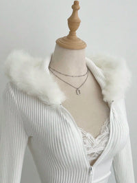White Ribbed Knit Hoodie with Faux Fur Collar, Zip-Up, Fitted Long Sleeve for Casual Autumn Winter Wear