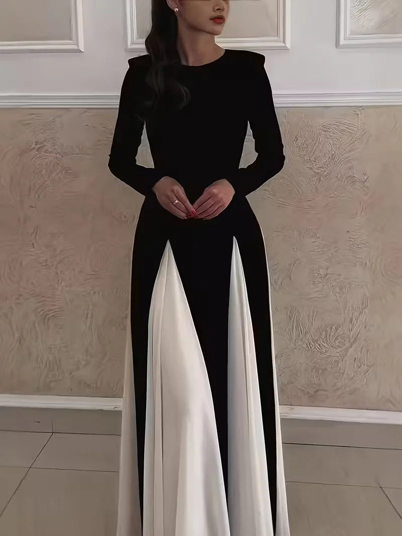 Womens Sexy Long Sleeve O Neck Colorblock A-Line Party Clubwear Long Dress