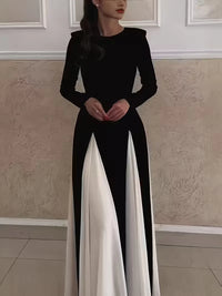 Womens Sexy Long Sleeve O Neck Colorblock A-Line Party Clubwear Long Dress