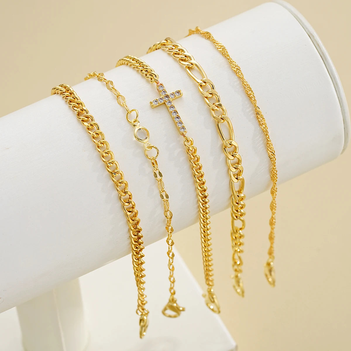 5pcs Fashion Zircon Cross Charm Bracelet Set Elegant High Quality Gold Color Multilayer Bracelets For Women Daily Wear Jewelry