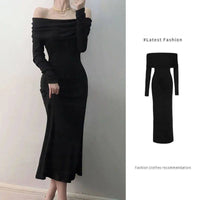 Elegant Off Shoulder Maxi Dress Bodycon Sweater Dress Solid Color Long Sleeve Knitted Party Dresses