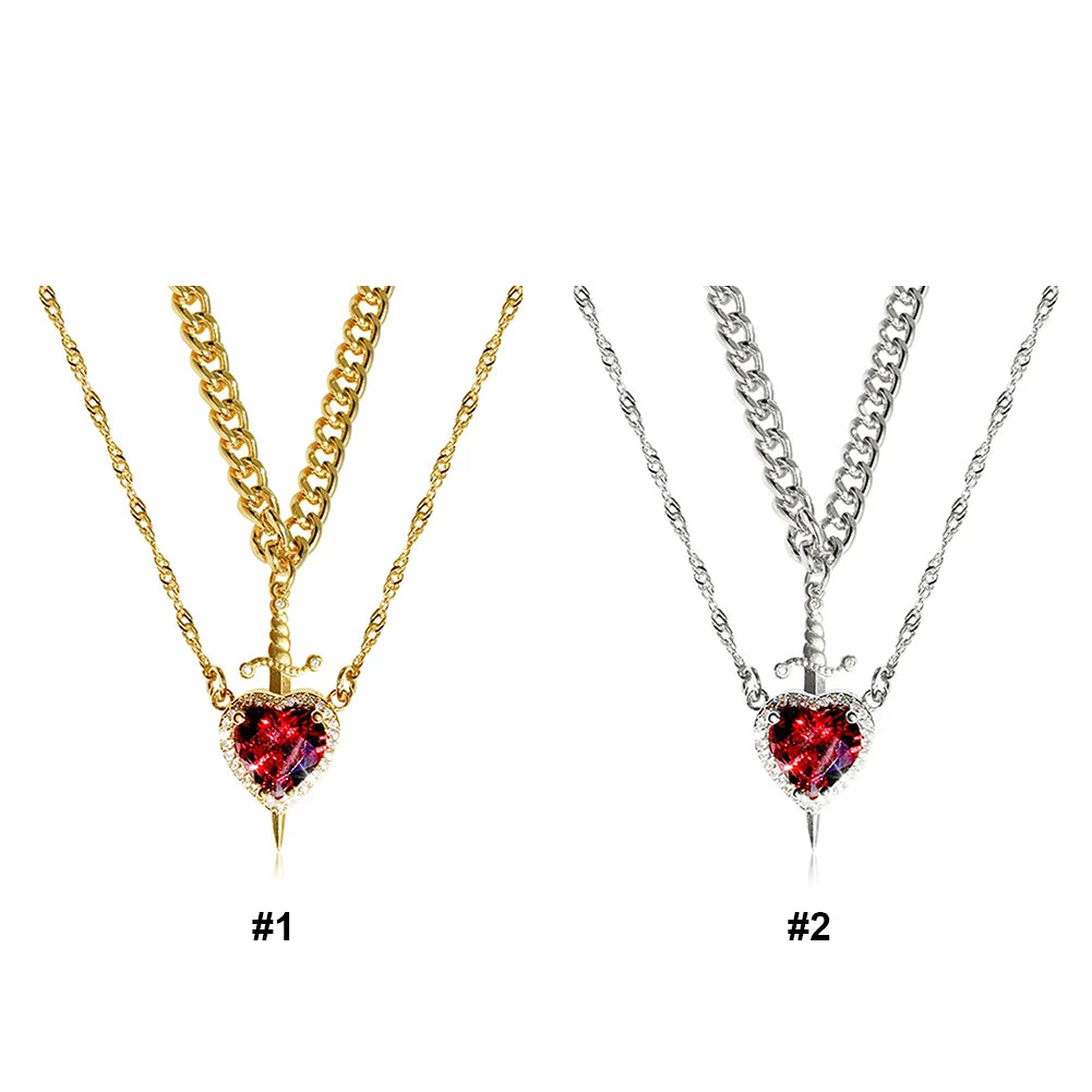 Heart and Sword Couples Necklace Heart Zirconia Chain Trendy Matching Sword Through Heart Necklace Set